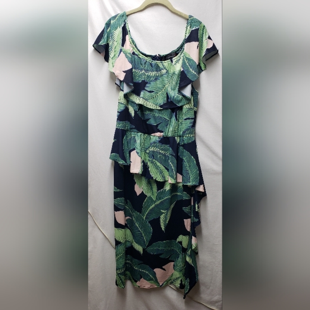 Leaf-Print High-Low Ruffle Dress - Navy & Green